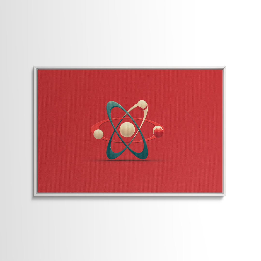 Minimal 3D Atom Sculpture On Red Canvas Print, Midcentury Modern Art, Retro Science Poster, Modern Wall Decor Gift For Him