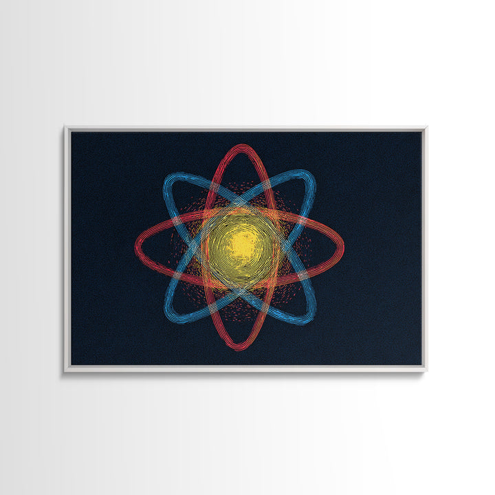 Etched Yellow Atom On Dark Blue Canvas Print, Atomic Retro Art, Midcentury Wall Art, Space Abstract Art For Office Decor