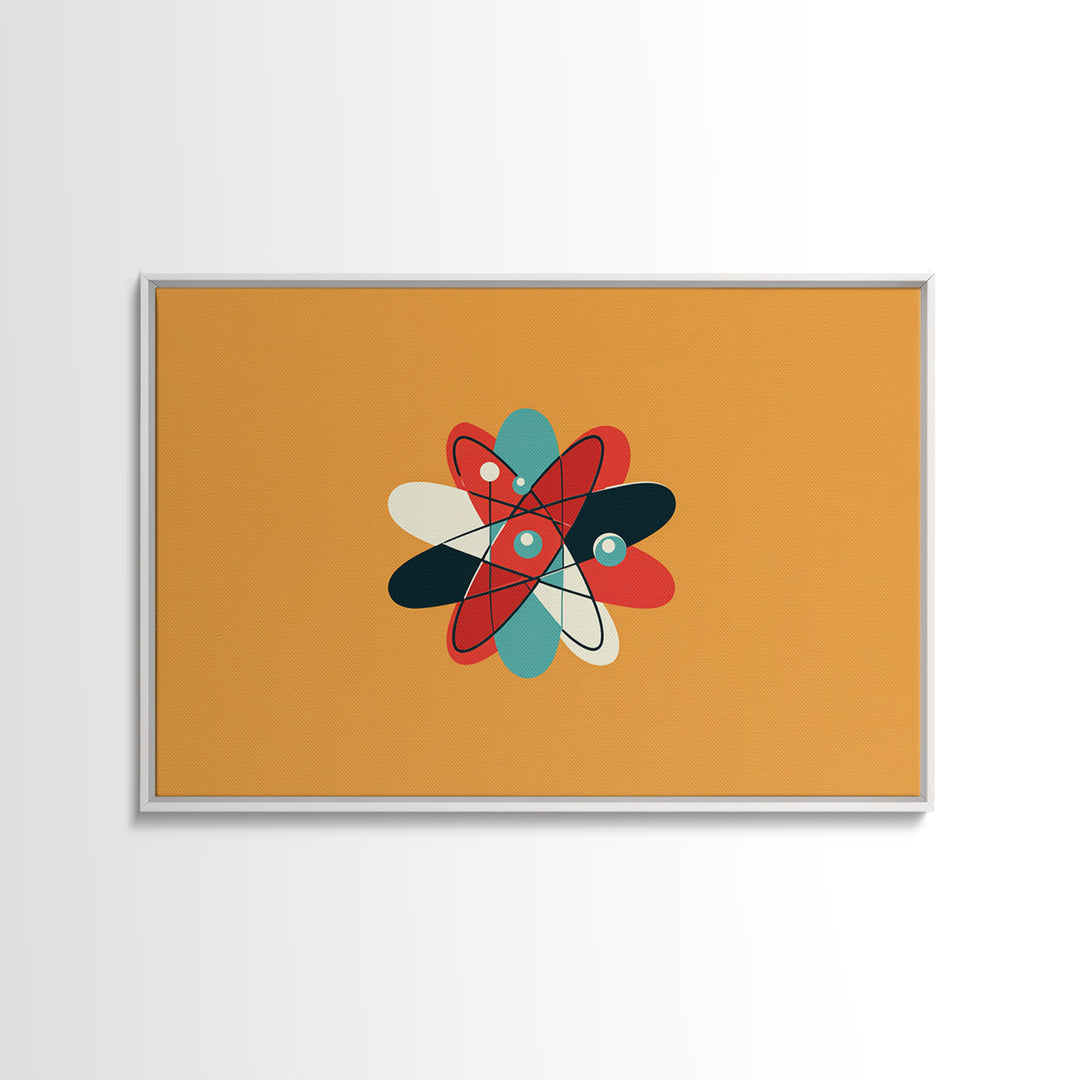 Flat Atomic Flower On Mustard Wall Art, Midcentury Modern Art, Geometric Poster, Retro Wall Decor For Kids Room And Nursery