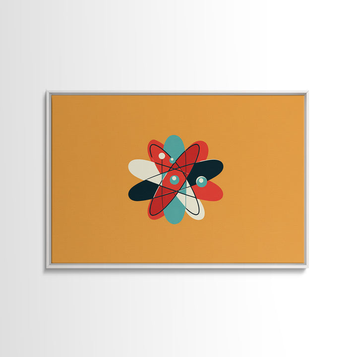 Flat Atomic Flower On Mustard Wall Art, Midcentury Modern Art, Geometric Poster, Retro Wall Decor For Kids Room And Nursery