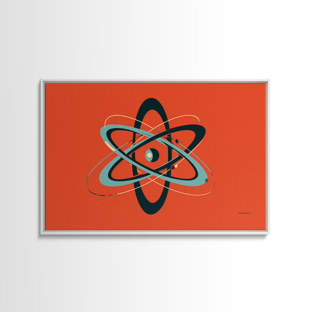 Teal Black Atomic Orbit On Orange Framed Canvas Print, Retro Modern Poster, Midcentury Wall Art, Bold MCM Wall Decor Art