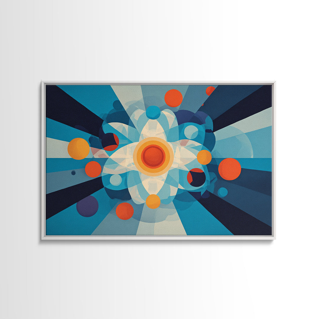 Geometric Atomic Burst With Circles Wall Art, Midcentury Modern Art, Blue Orange Abstract Poster, Statement Wall Decor Art