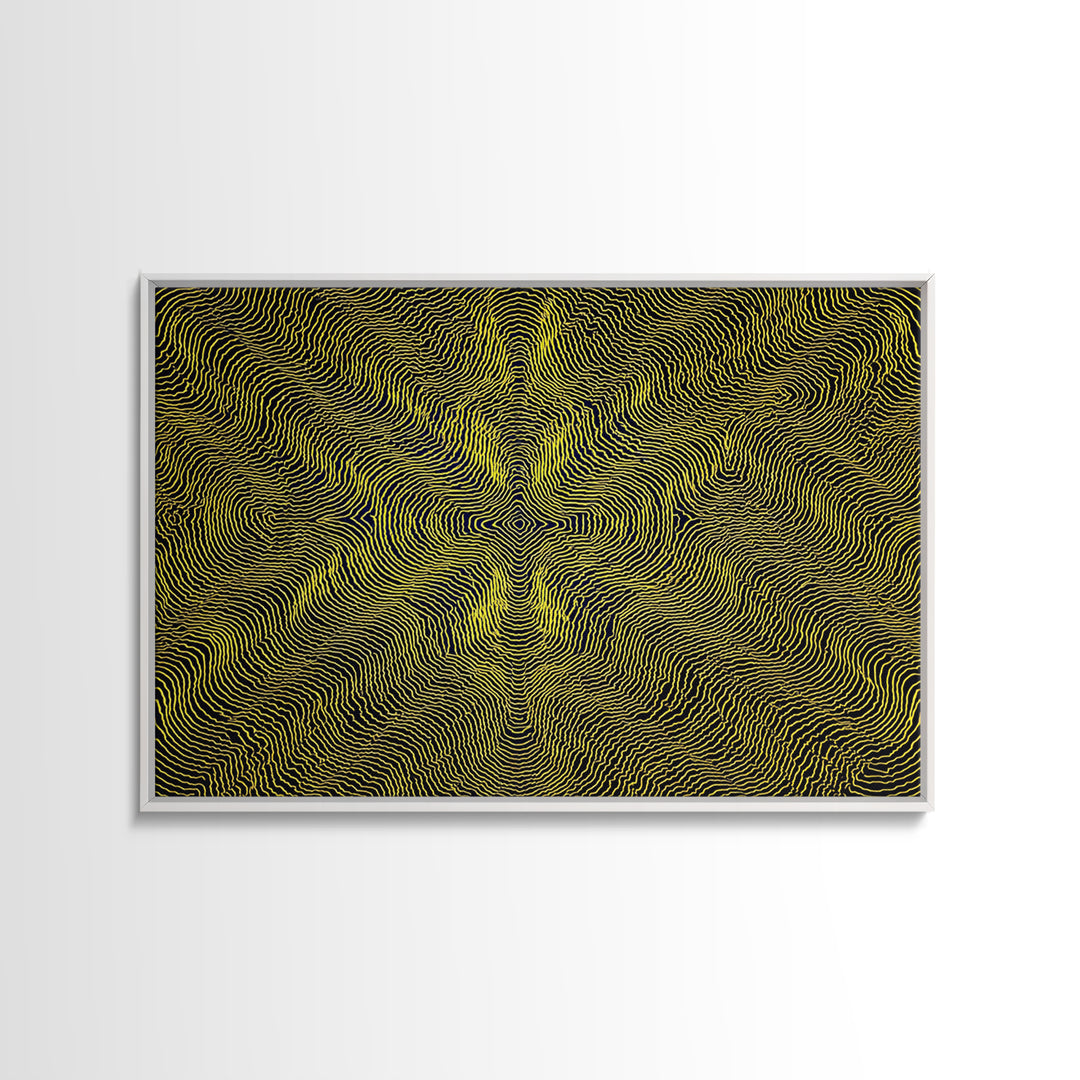 Yellow Topographic Line Optical Wall Art, Modern Abstract Op Art Print, Black Geometric Decor, Trippy Minimal Poster For Living Room