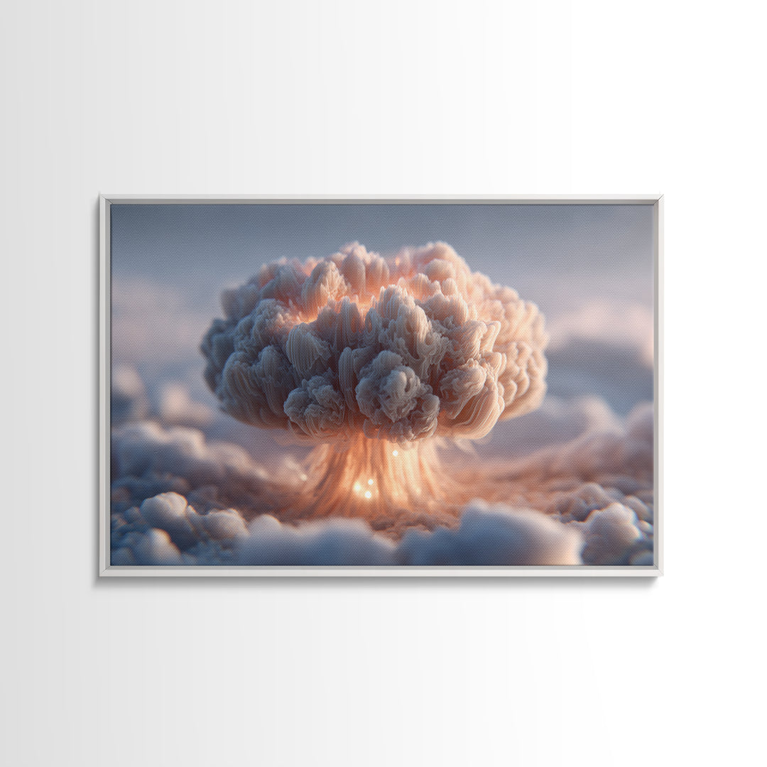 Dreamy Peach Mushroom Cloud Framed Canvas Print, Modern Abstract Art, Surreal Cloudscape, Soft Pastel Bedroom Decor, Gallery Wall Art