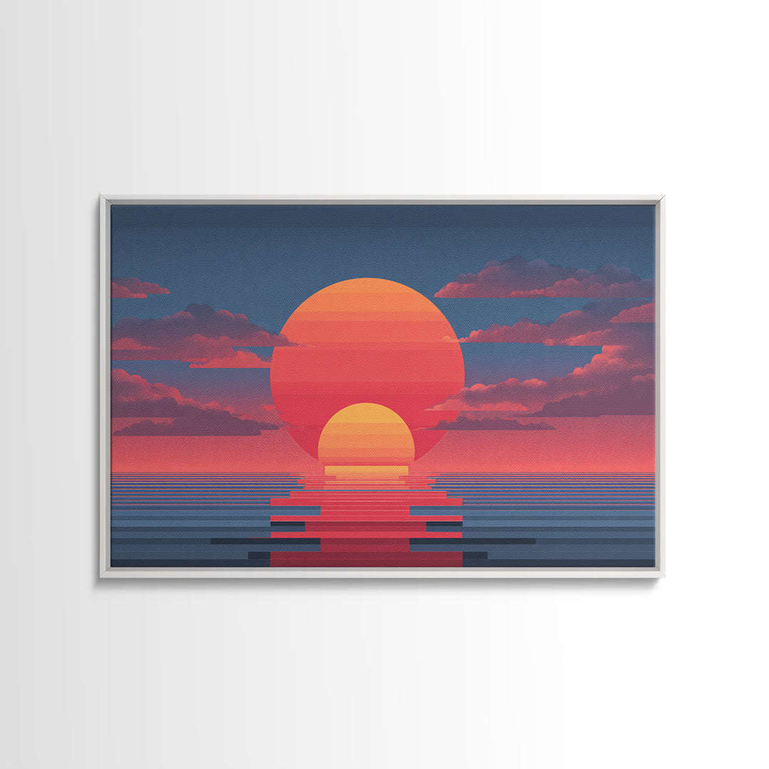Retro Double Sun Ocean Wall Art, Midcentury Modern Art Print, Vaporwave Sunset Poster, Pink Blue Living Room Decor, Digital Art Print
