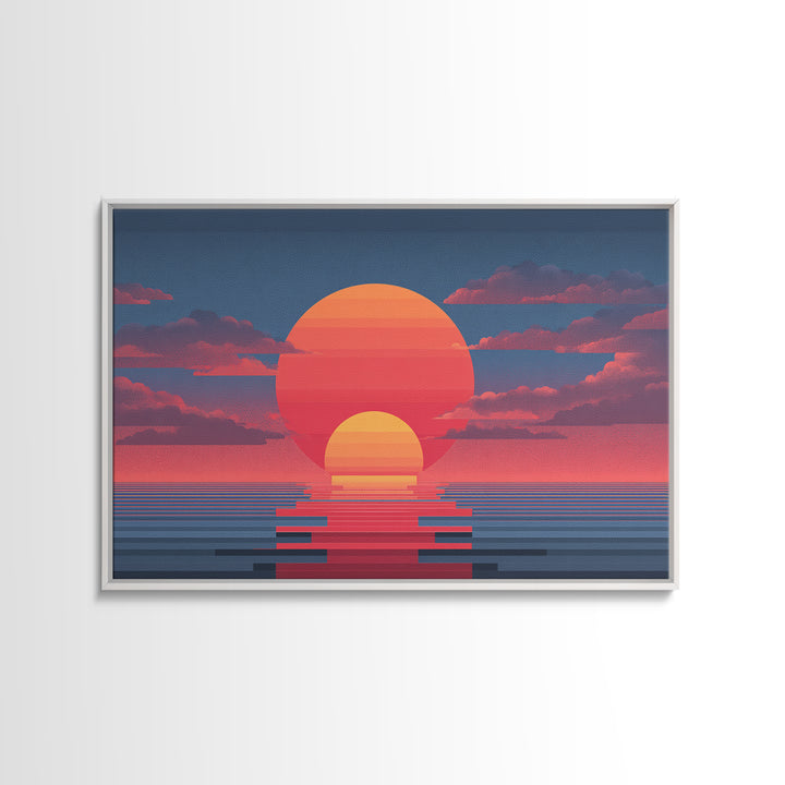 Retro Double Sun Ocean Wall Art, Midcentury Modern Art Print, Vaporwave Sunset Poster, Pink Blue Living Room Decor, Digital Art Print