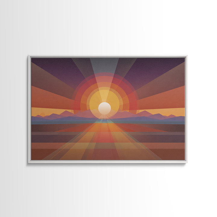 Geometric Desert Sunrise Wall Art, Midcentury Modern Abstract Art, Orange Sun Poster, Boho Southwestern Home Decor, Canvas Print
