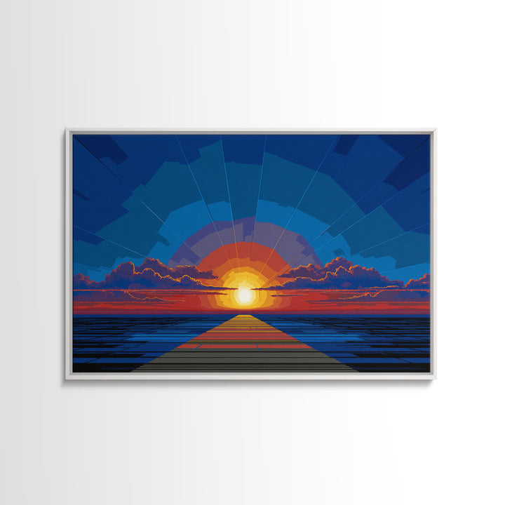 Bold Blue Sunset Pier Canvas Print, Retro Modern Wall Art, Midcentury Ocean Poster, Graphic Living Room Wall Decor, Large Art Print