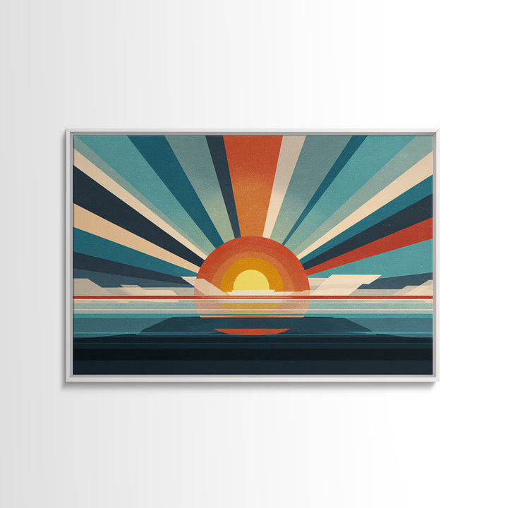 Retro Radial Sunrise Ocean Framed Canvas Print, Midcentury Modern Wall Art, Teal Orange Poster, Atomic MCM Decor, Living Room Art