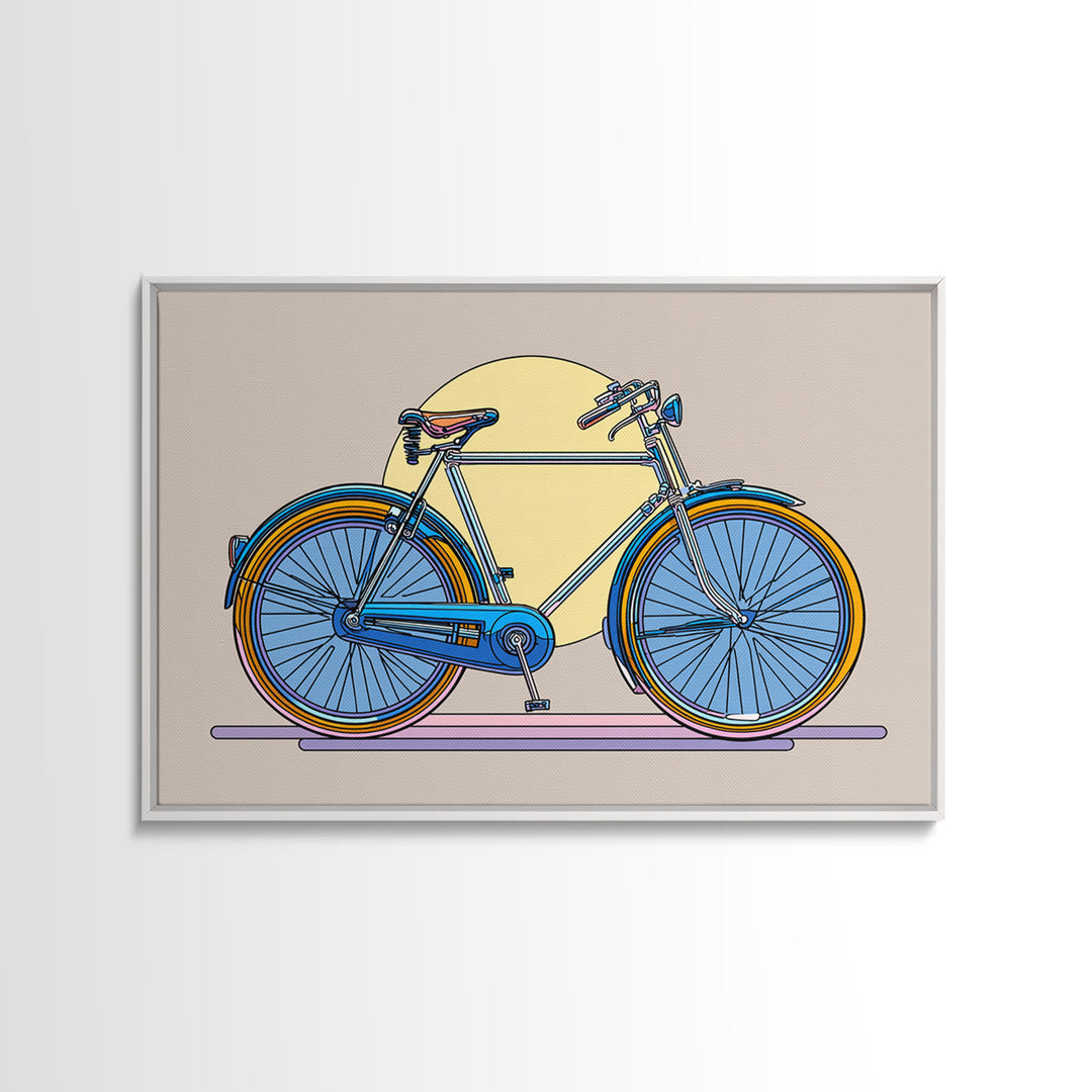 Blue Cruiser Bicycle Canvas Print, Midcentury Modern Wall Art, Retro Bike Poster, Yellow Sun Decor For Home Office Decor Gift