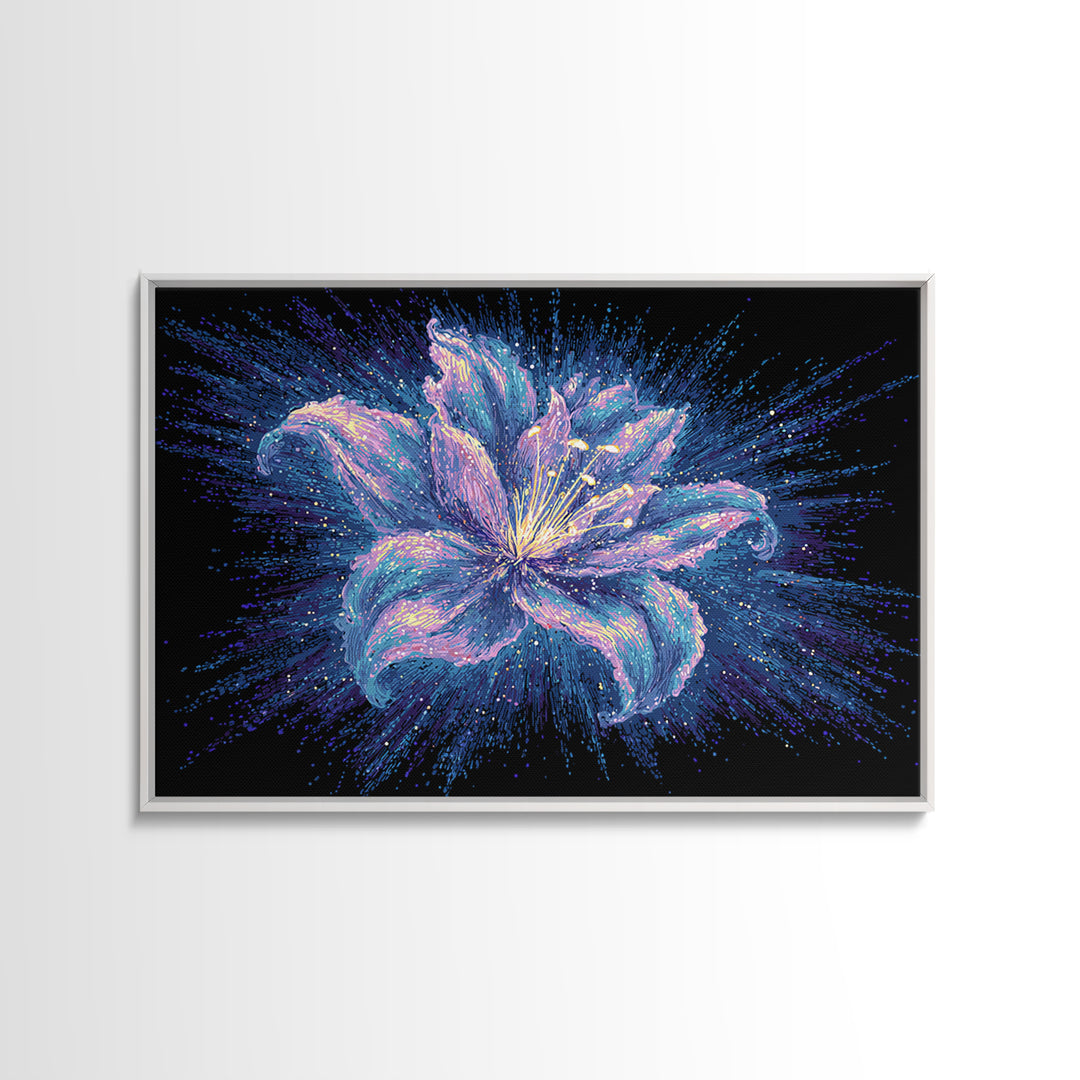 Electric Purple Lily Canvas Print, Glowing Botanical Flower, Cosmic Floral Wall Decor, Modern Abstract Art For Bedroom Decor