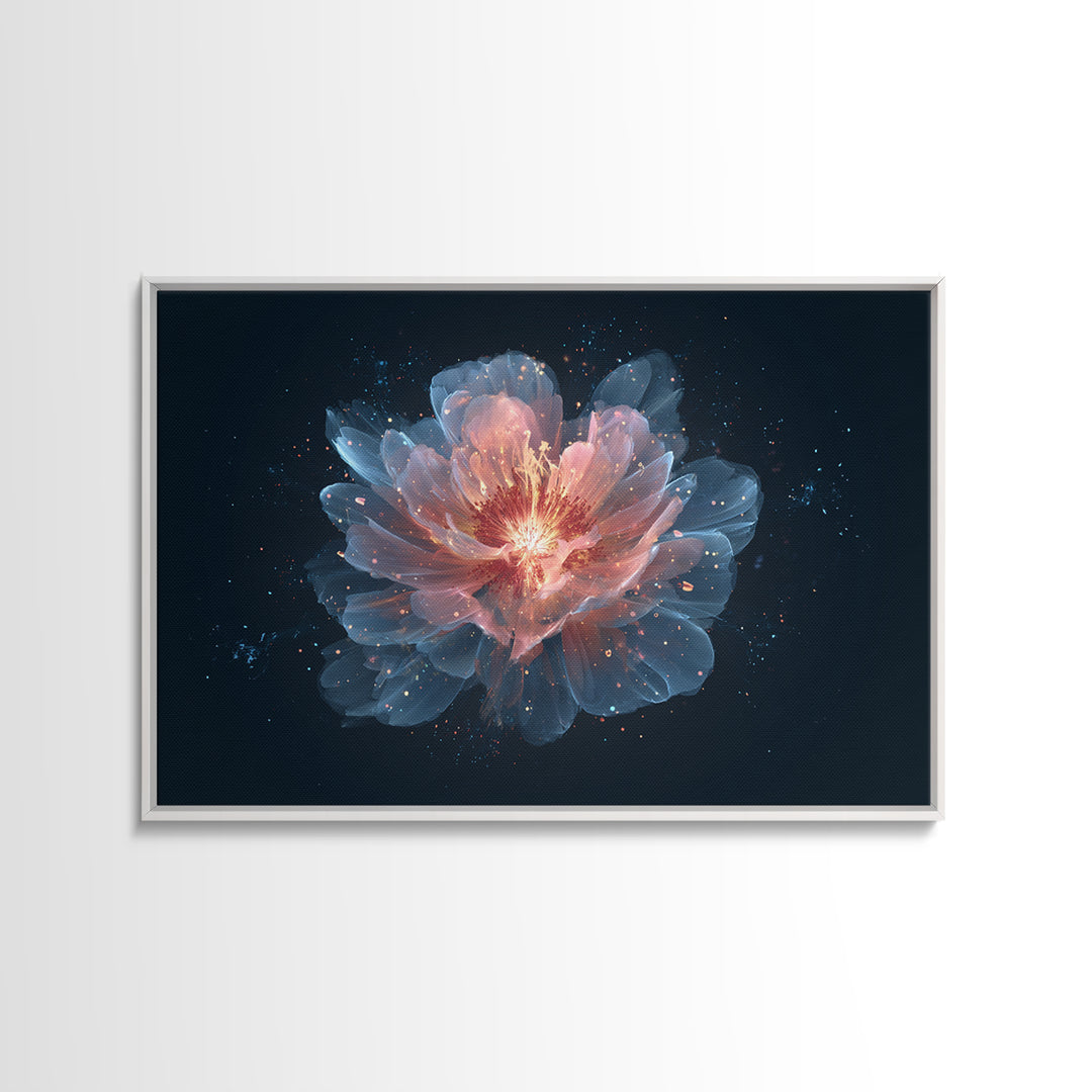 Luminous Peach Blue Blossom Framed Canvas Print, Ethereal Flower Wall Art, Modern Botanical Decor, Romantic Bedroom Art Print
