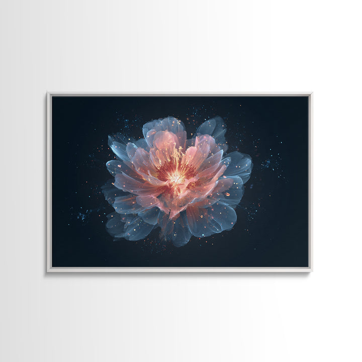 Luminous Peach Blue Blossom Framed Canvas Print, Ethereal Flower Wall Art, Modern Botanical Decor, Romantic Bedroom Art Print