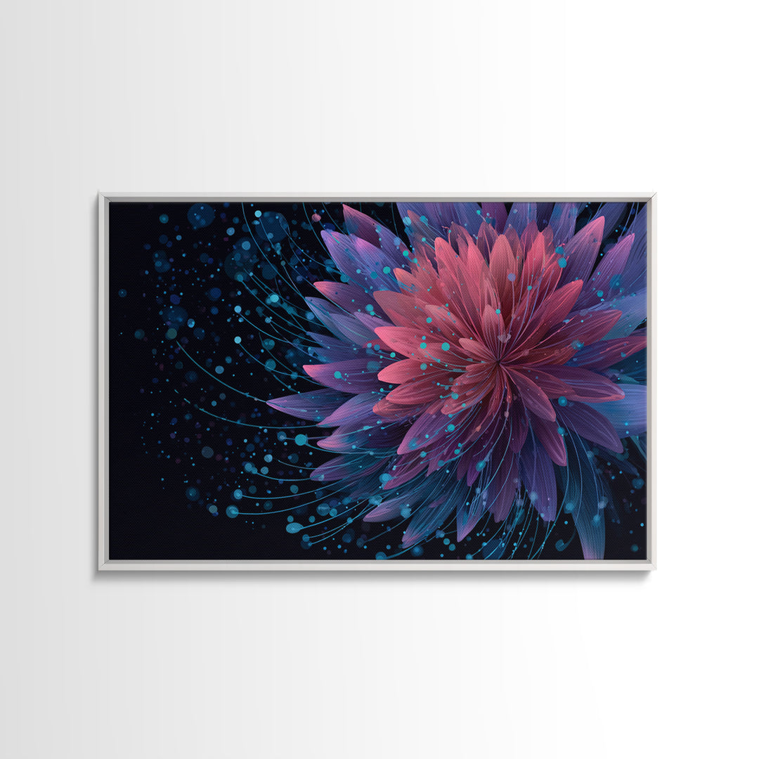 Magenta Purple Dahlia Wall Art, Electric Floral Abstract, Blue Splatter Botanical Poster, Modern Home Decor Canvas Print