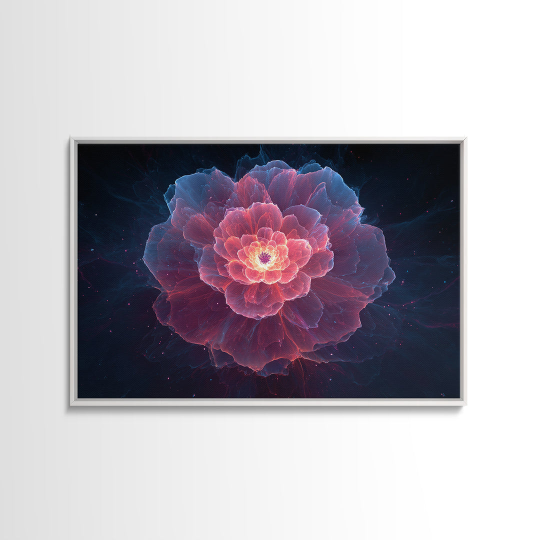 Glowing Pink Peony Canvas Print, Luminous Blue Floral Mandala, Modern Abstract Botanical Wall Art, Romantic Bedroom Decor