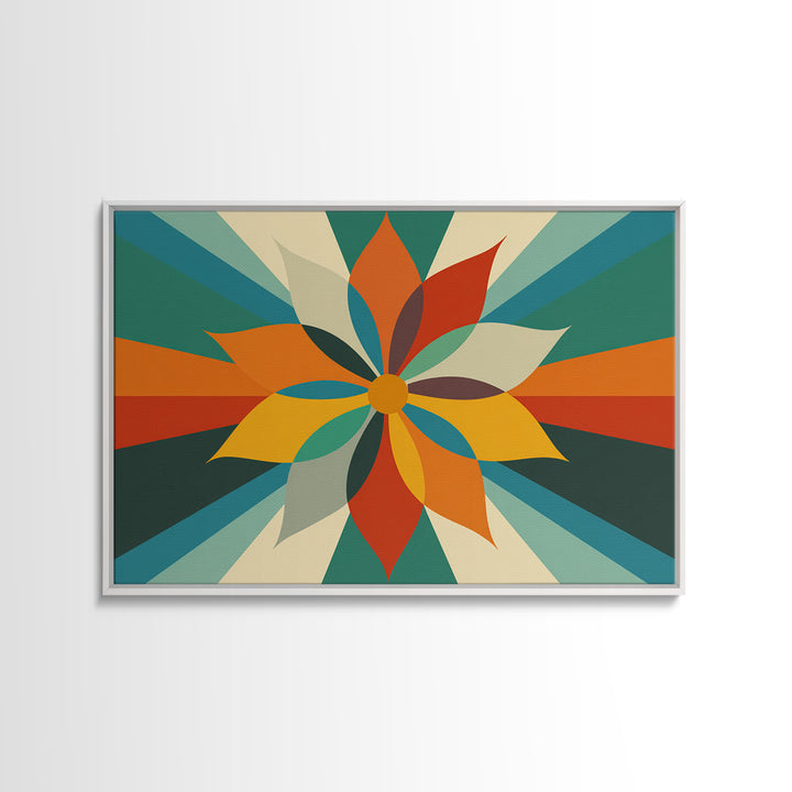 Geometric Orange Teal Flower Wall Art, Mid Century Modern Sunburst, Retro Atomic Floral Poster, Bold MCM Canvas Print Decor