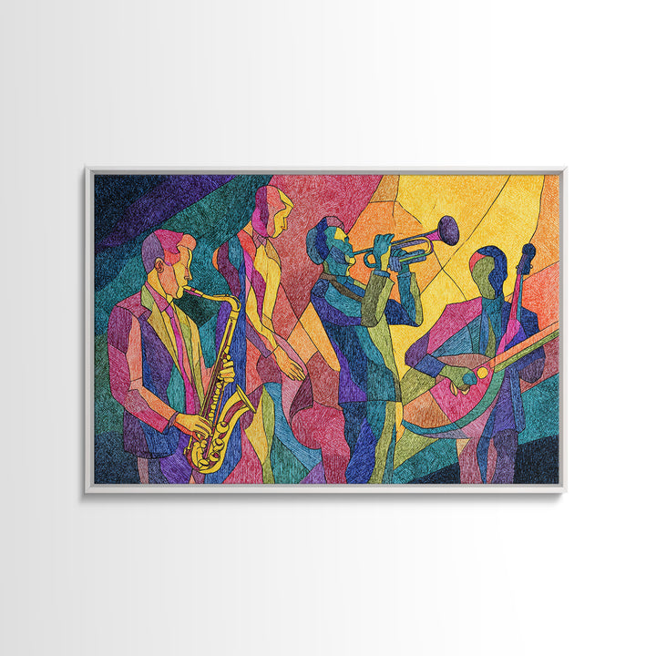 Colorful Cubist Jazz Band With Saxophone And Trumpet Wall Art, Midcentury Modern Art Print, Vibrant Music Room Decor, Poster