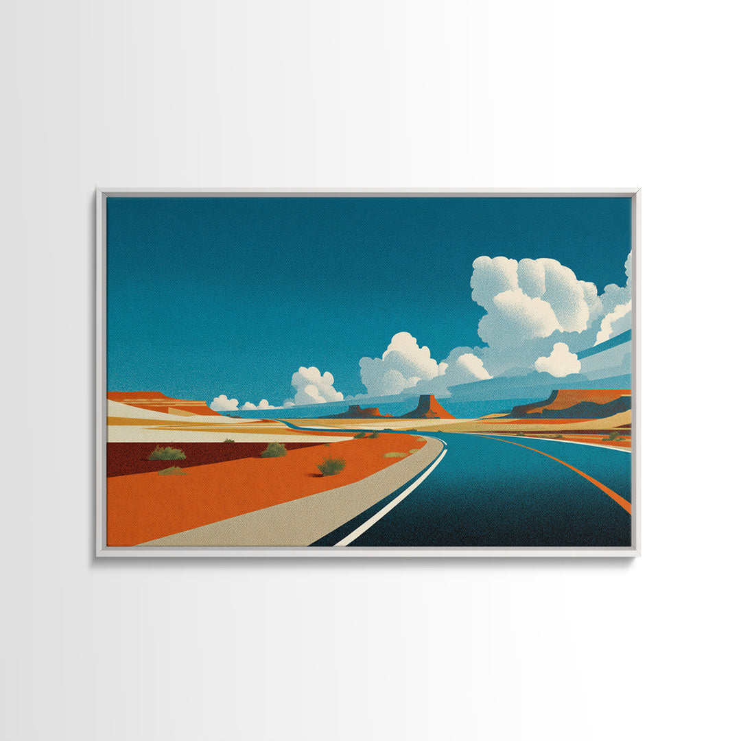 Retro Desert Highway Wall Art, Southwestern Road Landscape, Vintage Travel Poster Style, Mid Century Modern Canvas Print
