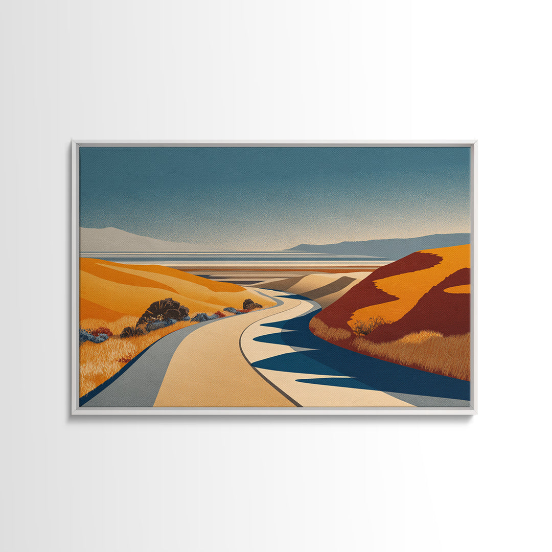 Golden Coastal Road And Orange Hills Wall Art, Midcentury Modern Desert Landscape, Retro Travel Poster, Scenic Home Decor