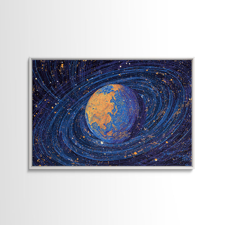 Swirling Blue Orange Planet Wall Art, Cosmic Abstract Space Poster, Modern Digital Art Print, Galaxy Decor, Science Gift