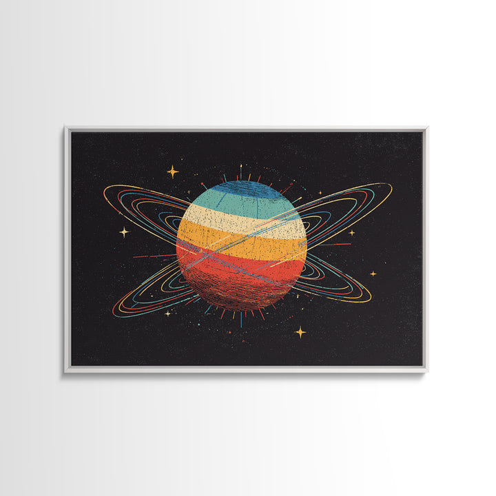 Retro Ringed Planet Canvas Print, Saturn Inspired Space Abstract Art, Midcentury Modern Wall Home Decor, Cosmic Poster Gift