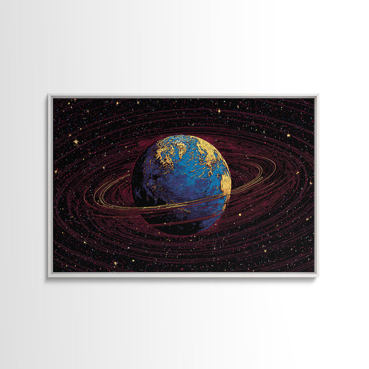 Blue Earth With Golden Rings Wall Art, Cosmic Abstract Space Poster, Modern Digital Art Print, Galaxy Home Office Decor Gift