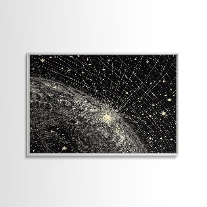 Black And White Earth Sunrise Wall Art, Celestial Space Illustration, Minimalist Art Print, Constellation Poster Decor Gift