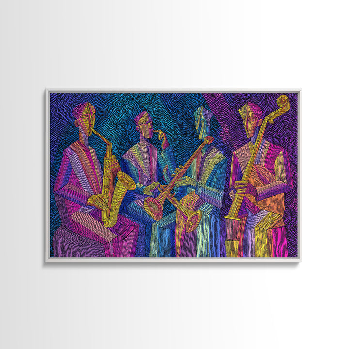 Neon Jazz Quartet With Saxophones And Upright Bass Canvas Print, Midcentury Modern Art, Colorful Retro Music Room Decor, Poster