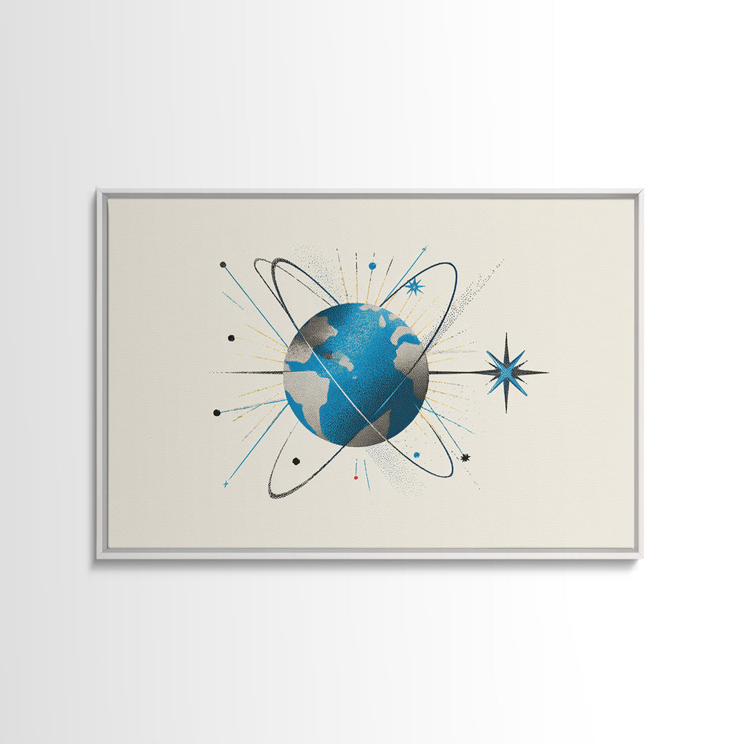 Atomic Blue Globe And Orbit Stars Wall Art, Midcentury Modern Space Poster, Retro Science Print, Cosmic Office Decor For MCM Home