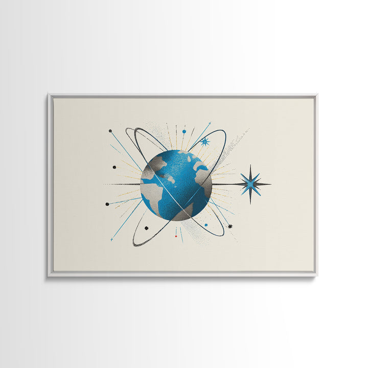 Atomic Blue Globe And Orbit Stars Wall Art, Midcentury Modern Space Poster, Retro Science Print, Cosmic Office Decor For MCM Home
