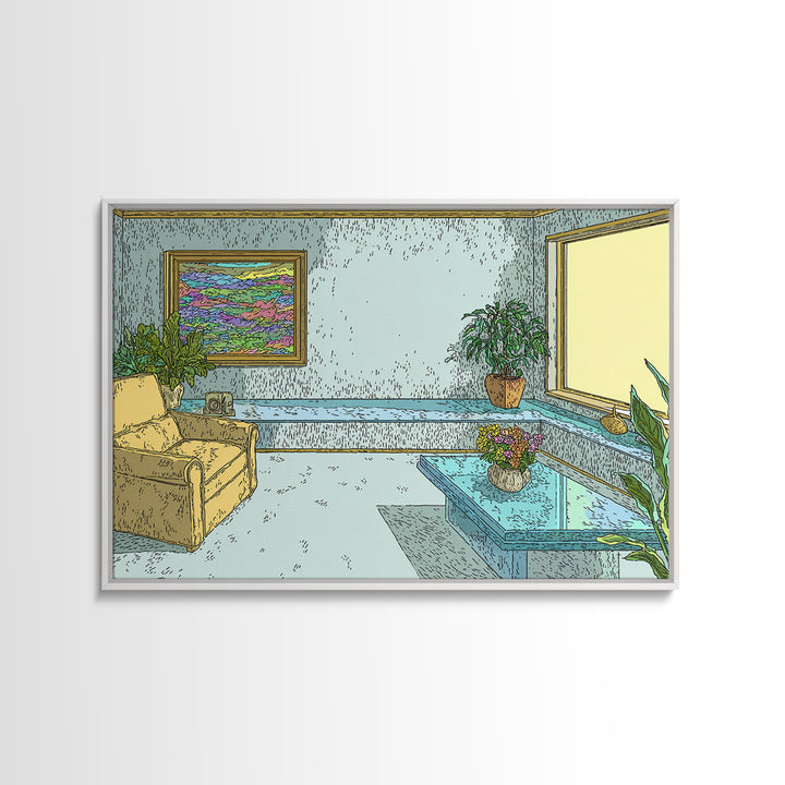 Pastel Aqua Living Room With Yellow Chair Canvas Print, Midcentury Modern Wall Decor, Retro Interior Poster For Home Office