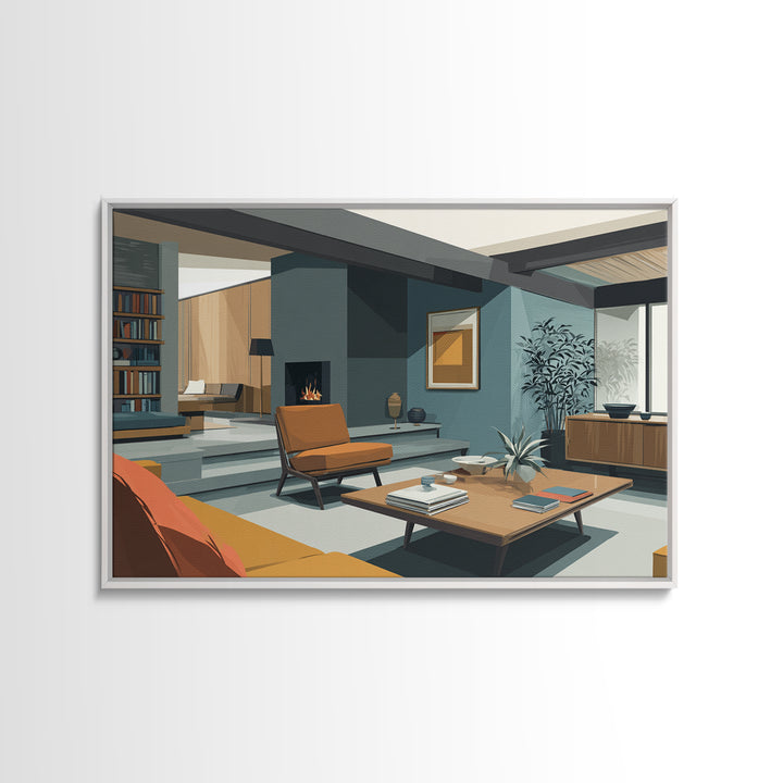 Teal Fireplace Living Room With Orange Sofa Framed Canvas Print, Midcentury Modern Wall Art, Retro MCM Home Decor, Office Poster