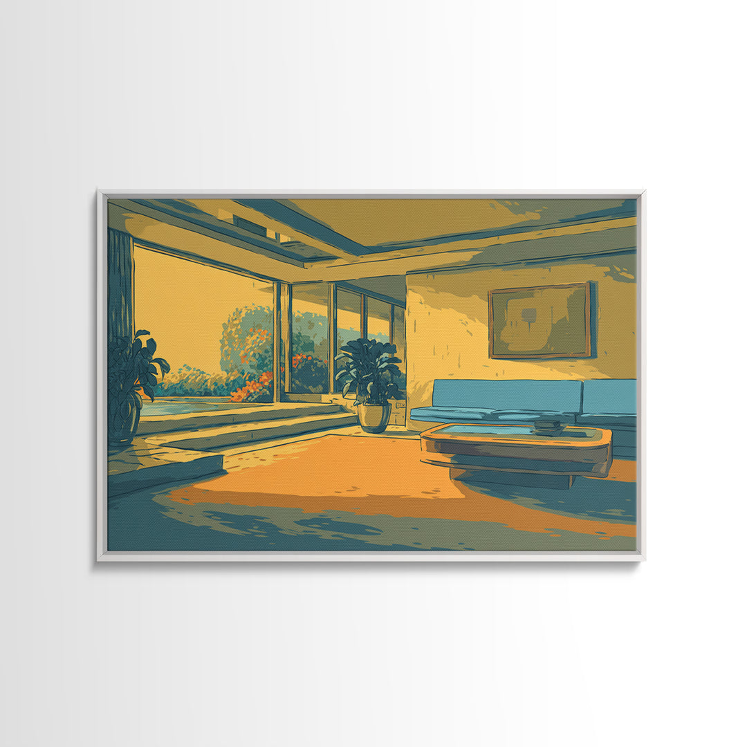 Sunlit Yellow And Teal Lounge With Plants Canvas Print, Midcentury Modern Wall Art, Retro Interior Decor For Living Room