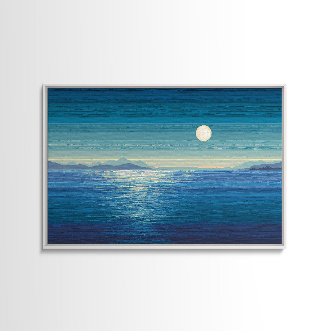 Blue Moon Over Ocean And Distant Mountains Wall Art, Coastal Landscape Print, Modern Home Decor, Serene Bedroom Poster Gift