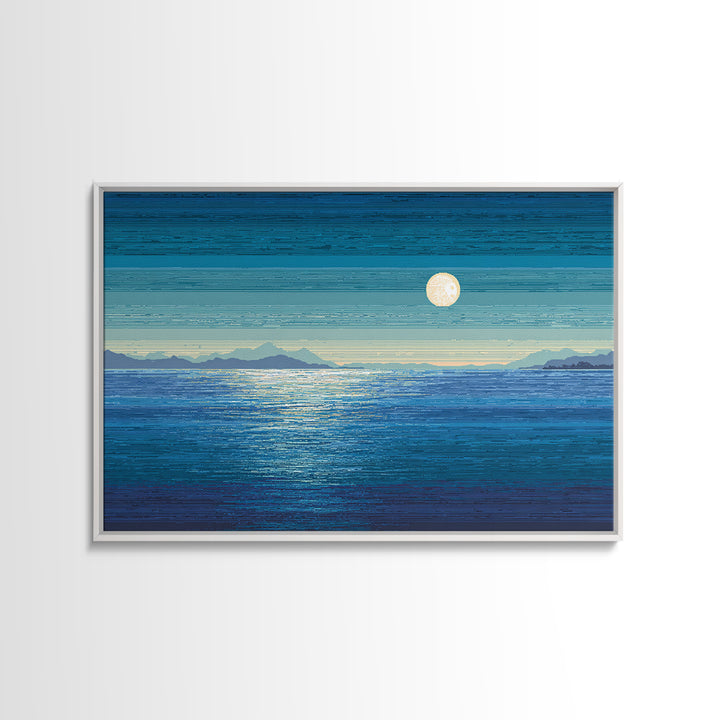 Blue Moon Over Ocean And Distant Mountains Wall Art, Coastal Landscape Print, Modern Home Decor, Serene Bedroom Poster Gift