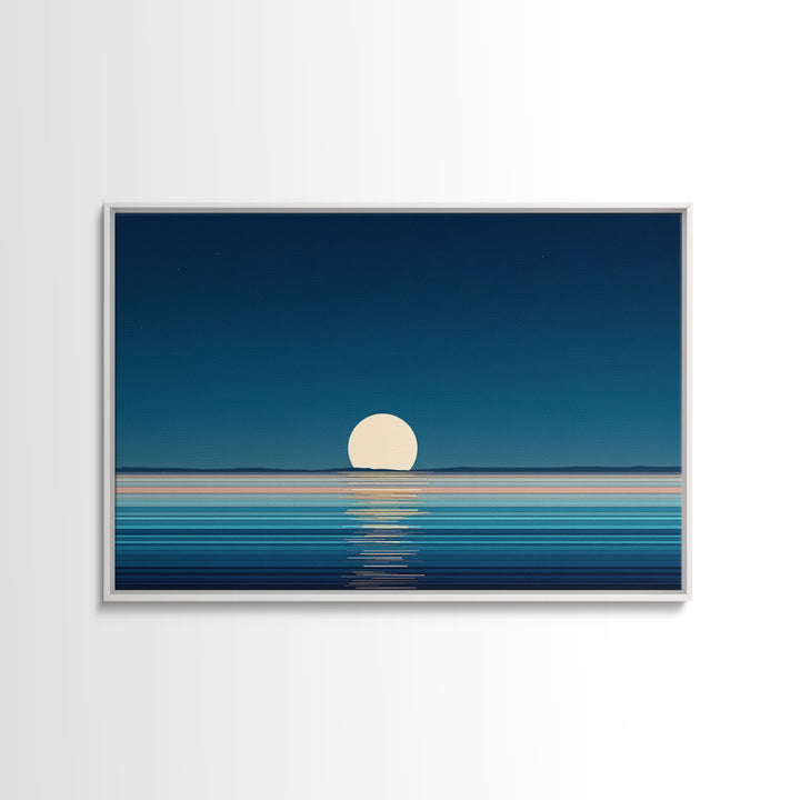 Minimal Full Moon Rising Over Calm Blue Sea Canvas Print, Modern Coastal Wall Art, Serene Ocean Poster For Bedroom Decor