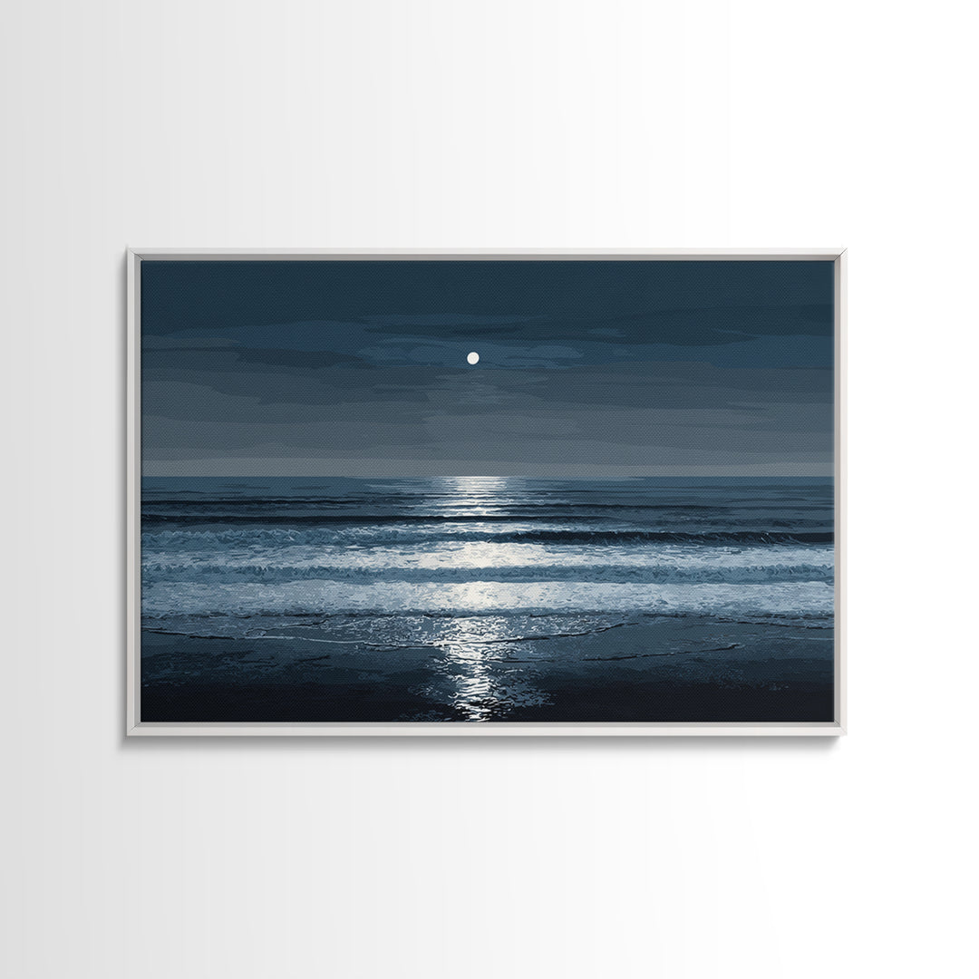 Moonlit Waves And Silver Reflection Framed Canvas Print, Blue Ocean Wall Art, Modern Coastal Bedroom Decor, Seascape Poster