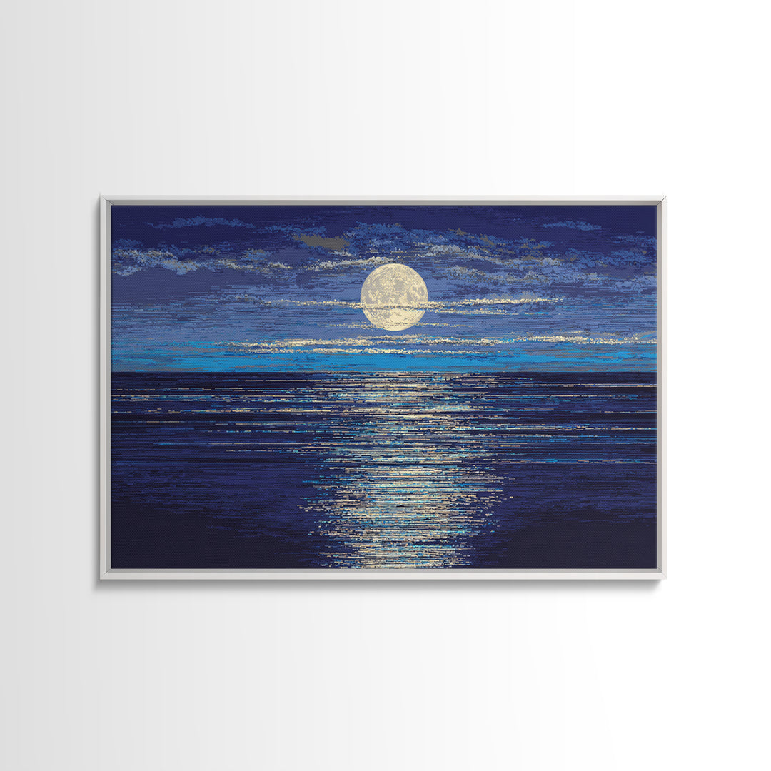 Full Moon Over Deep Blue Water With Glow Wall Art, Modern Coastal Seascape Print, Textured Ocean Decor For Bedroom And Living Room