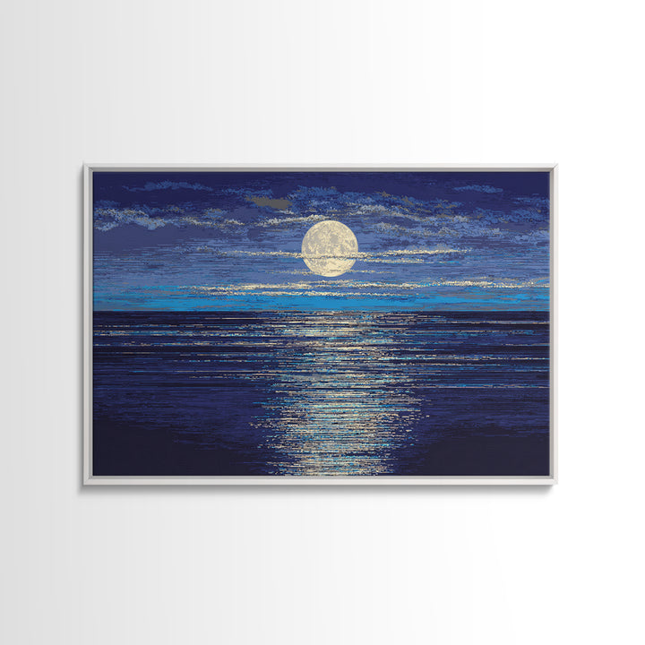 Full Moon Over Deep Blue Water With Glow Wall Art, Modern Coastal Seascape Print, Textured Ocean Decor For Bedroom And Living Room