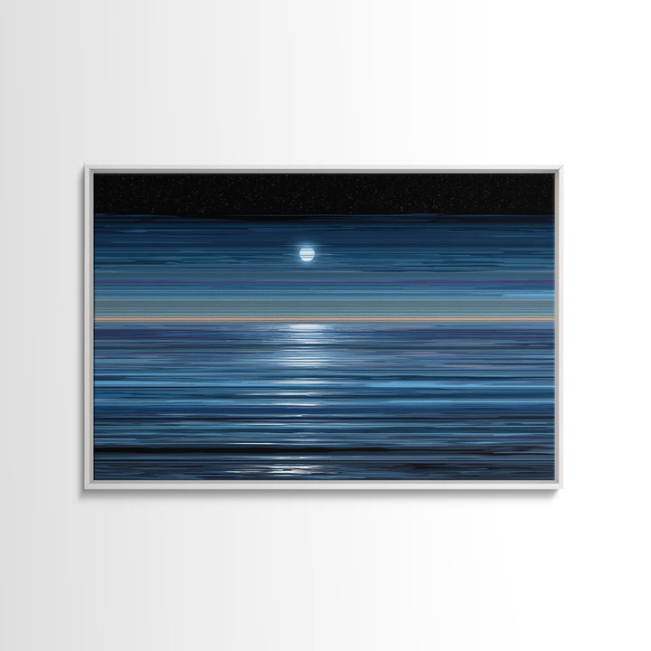 Starry Night Moon Above Blue Horizon Canvas Print, Modern Coastal Wall Art, Minimal Ocean Poster For Bedroom And Living Room Decor