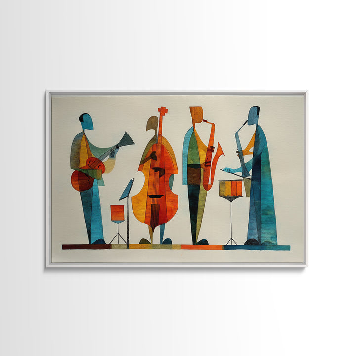 Minimalist Woodcut Jazz Band With Bass And Drums Framed Canvas Print, Midcentury Modern Wall Art, Scandinavian MCM Decor