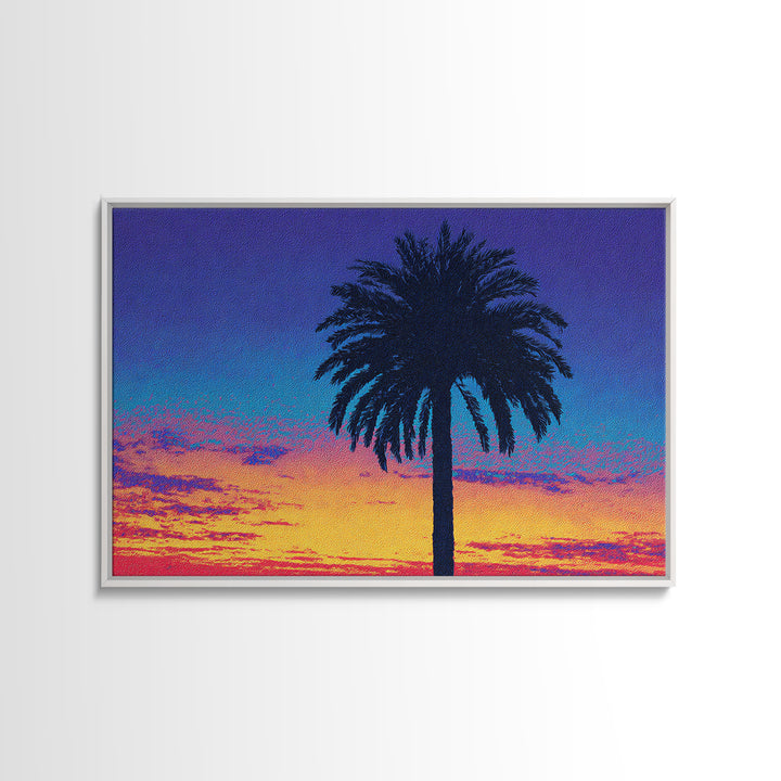 Palm Tree Silhouette At Purple Orange Sunset Wall Art, Retro Tropical Poster, Midcentury Modern Coastal Home Decor, Palm Springs