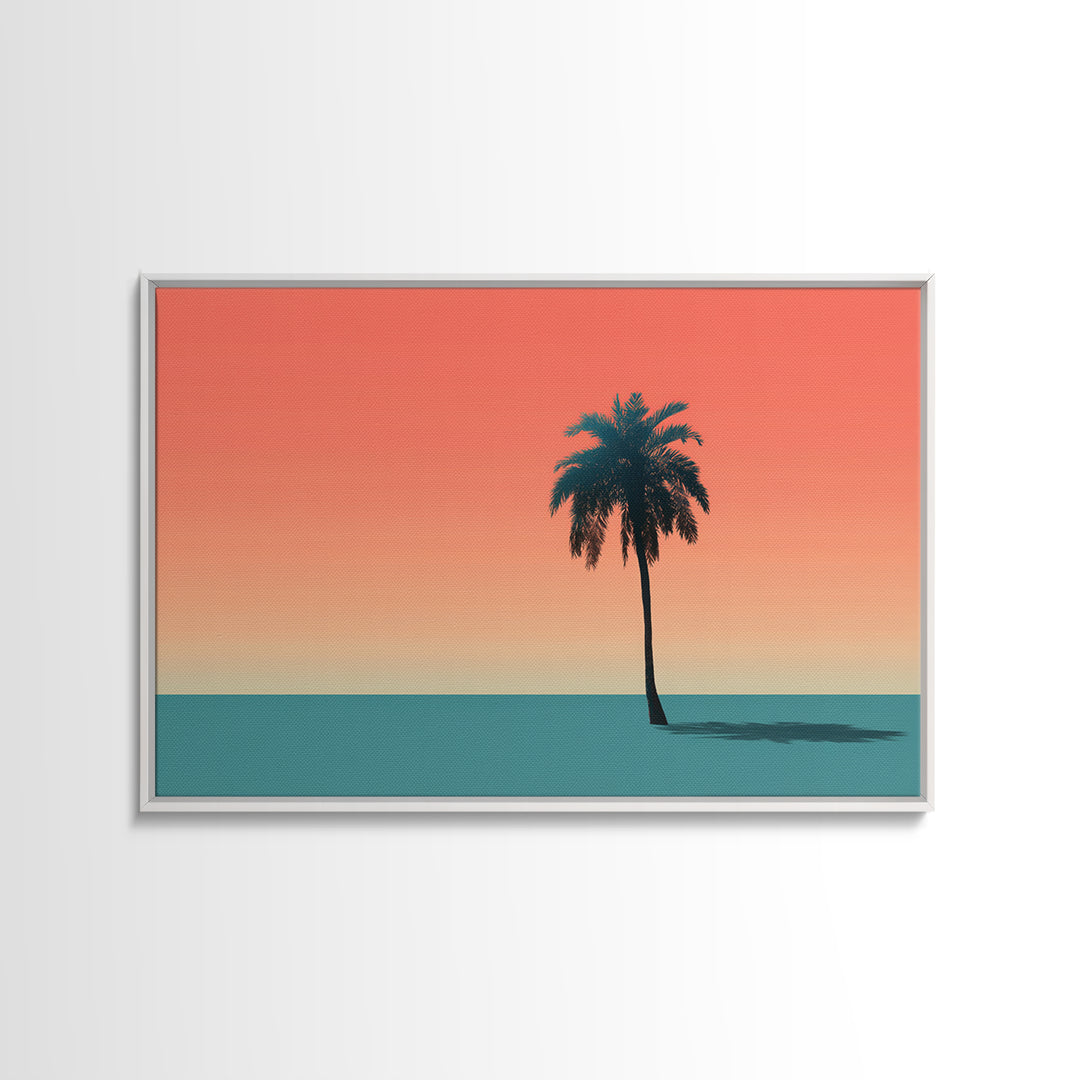 Minimal Palm Tree Shadow Wall Art, Modern Tropical Canvas Print, Teal Orange Sunset Decor, Palm Springs Home Art, Retro Wall Decor
