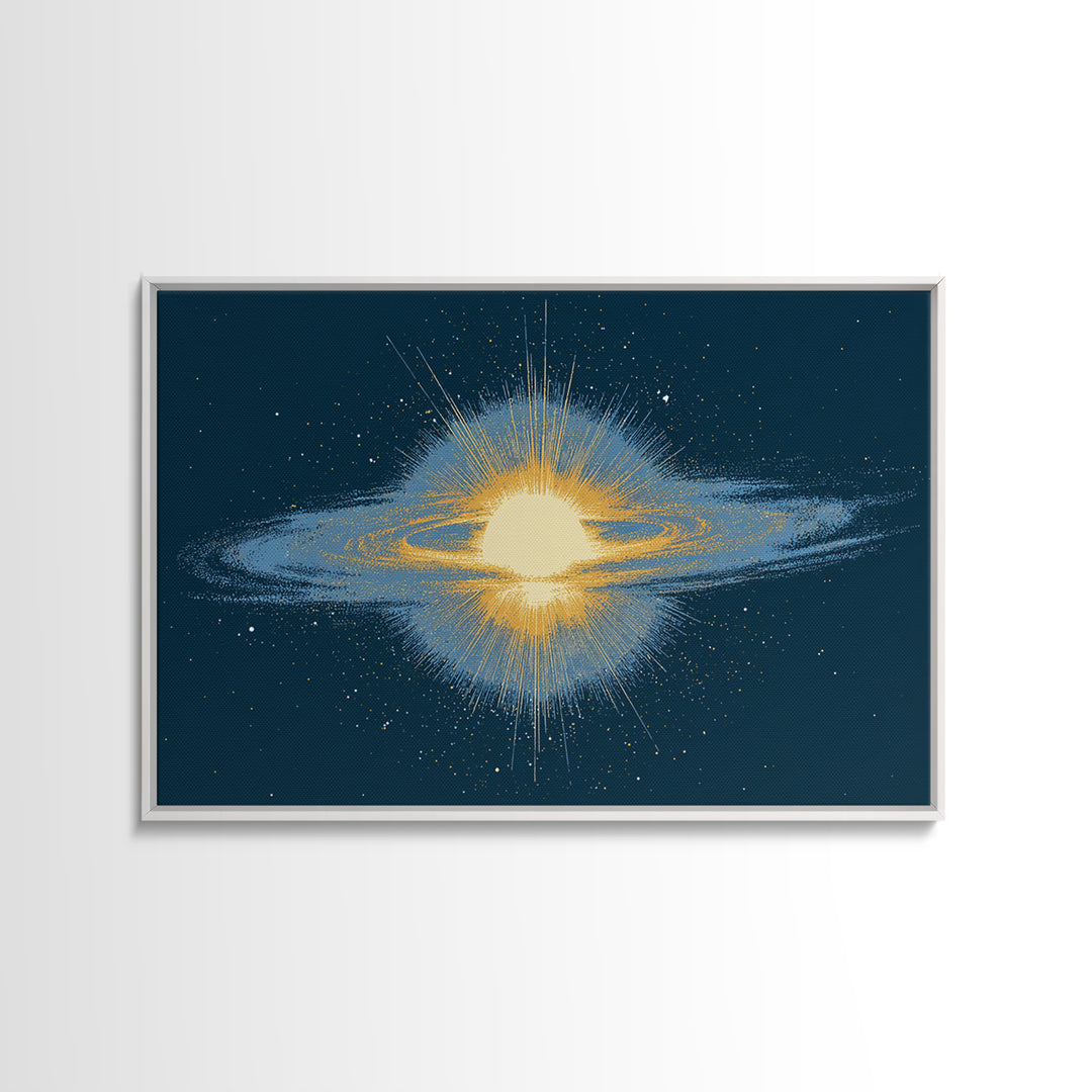 Glowing Galaxy Ring Wall Art, Cosmic Abstract Canvas Print, Space Poster, Modern Digital Art, Blue Gold Star Decor, Sci Fi Wall Art