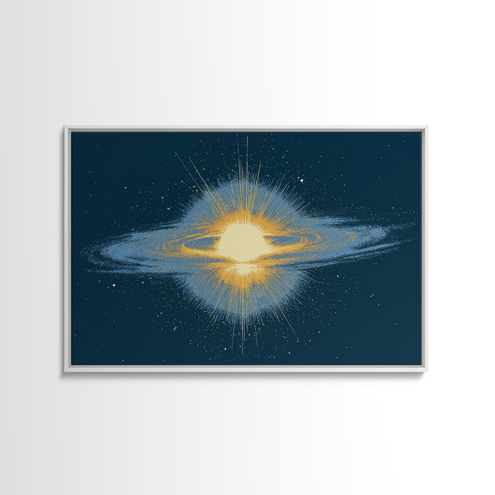 Glowing Galaxy Ring Wall Art, Cosmic Abstract Canvas Print, Space Poster, Modern Digital Art, Blue Gold Star Decor, Sci Fi Wall Art