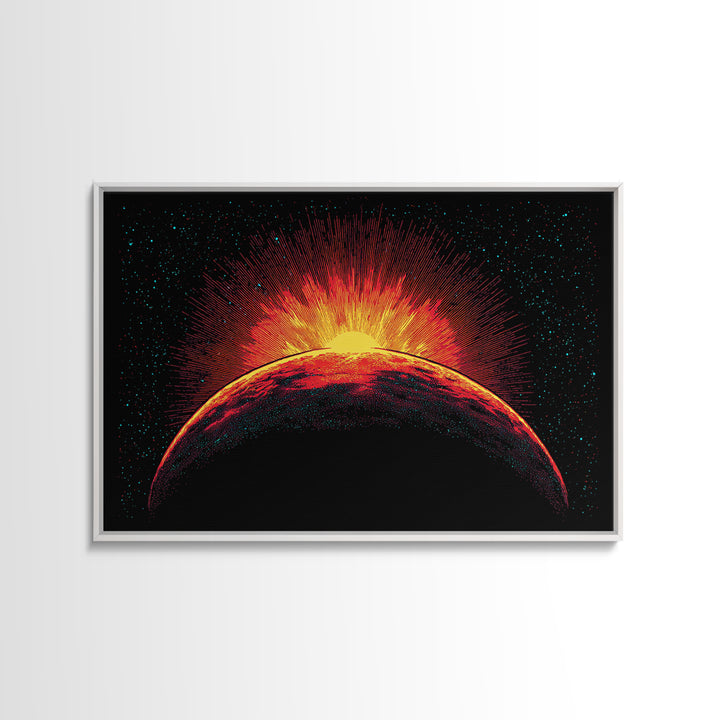 Fiery Red Planet Sunrise Wall Art, Retro Sci Fi Canvas Print, Cosmic Space Poster, Orange Black Modern Home Decor, Art Print