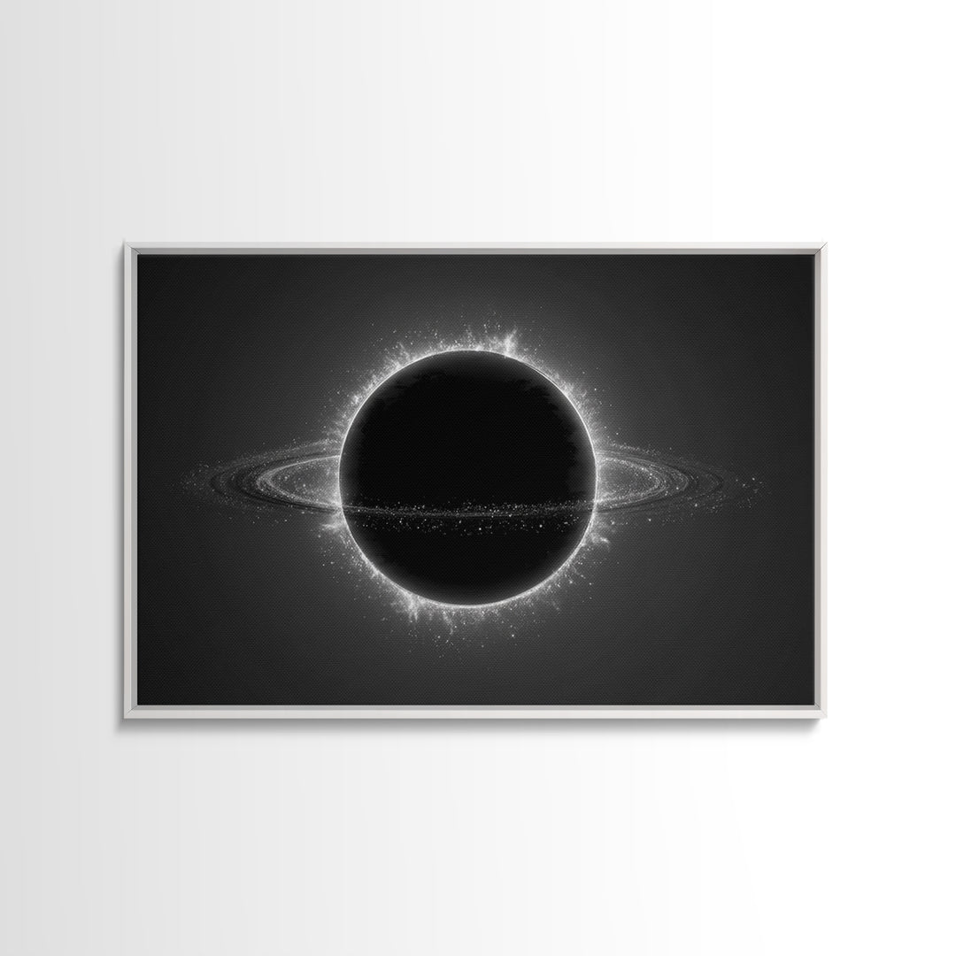 Black Eclipse Ringed Planet Wall Art, Monochrome Space Canvas Print, Modern Abstract Art, Sci Fi Home Office Decor, Poster