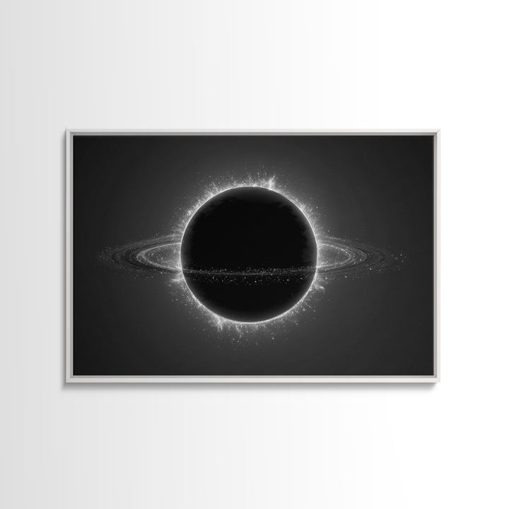 Black Eclipse Ringed Planet Wall Art, Monochrome Space Canvas Print, Modern Abstract Art, Sci Fi Home Office Decor, Poster