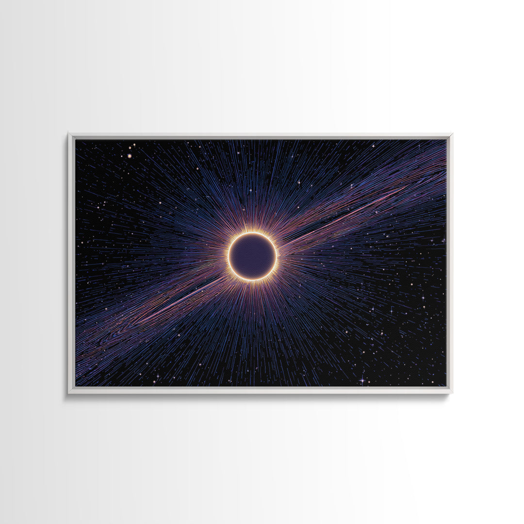 Radiant Solar Eclipse Wall Art, Cosmic Starburst Canvas Print, Space Abstract Poster, Modern Sci Fi Galaxy Decor, Blue Wall Art