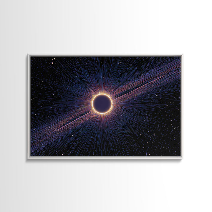 Radiant Solar Eclipse Wall Art, Cosmic Starburst Canvas Print, Space Abstract Poster, Modern Sci Fi Galaxy Decor, Blue Wall Art